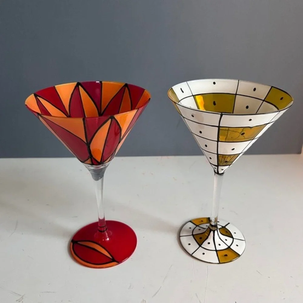 Martini Glasses Hand Painted Colorful Art Glass MCM Cocktail Barware Set Patio‎